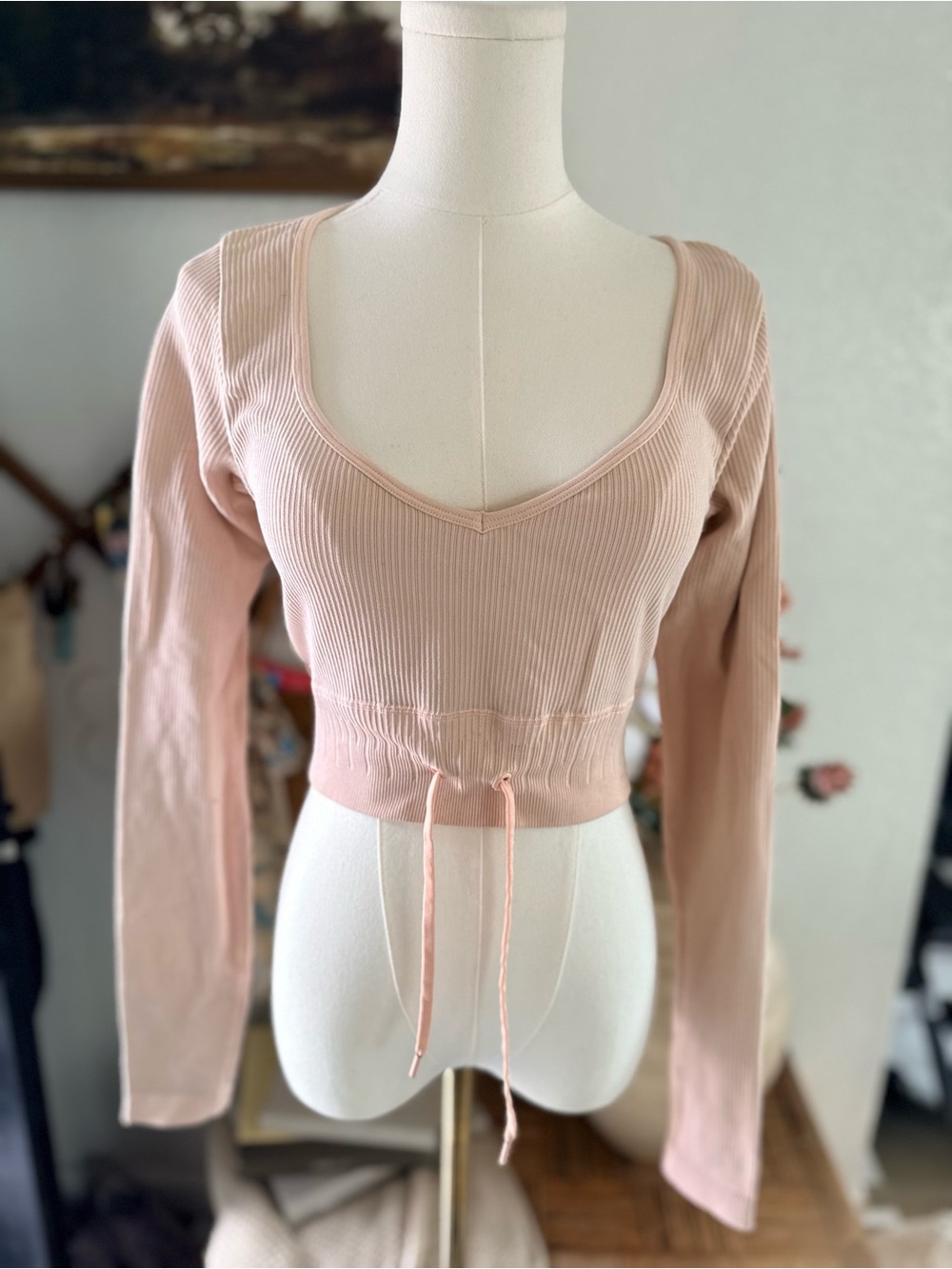 Sculpting Scoop-Neck Ribbed Drawstring Crop Top - Blush